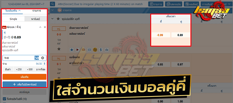 ใส่จำนวนเงิน แทงบอลคู่คี่